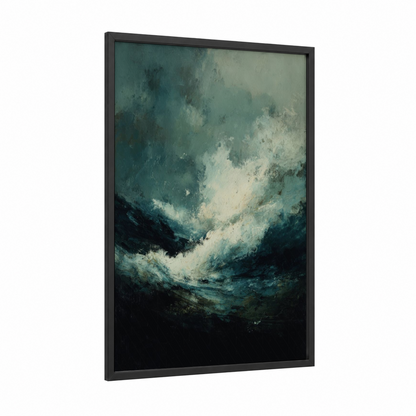 Stormy Waves framed seascapes and ocean print — black wood frame — teal and white palette