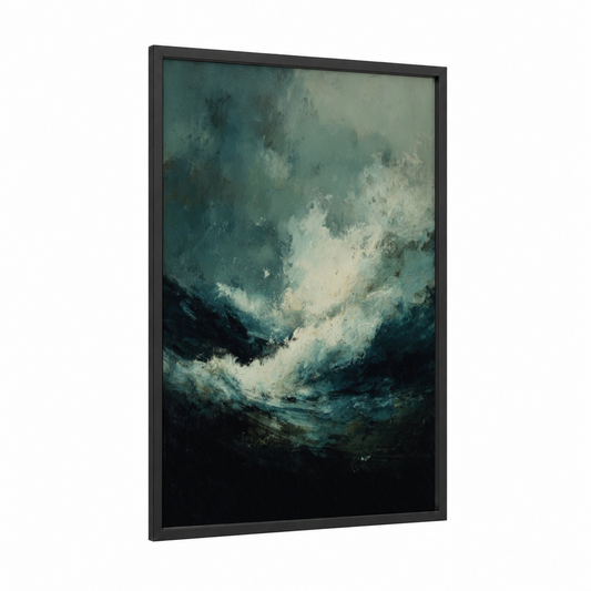 Stormy Waves framed seascapes and ocean print — black wood frame — teal and white palette