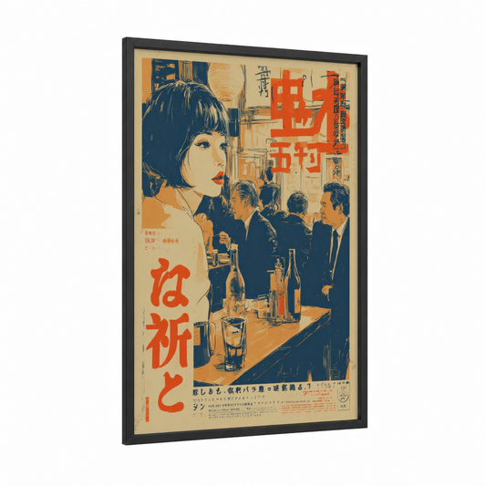 Retro Bar Scene framed vintage japanese ads print — black wood frame — orange and dark blue palette