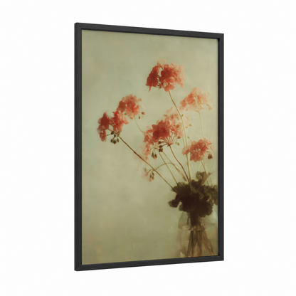 Faded Geranium framed art print — black wood frame — peach and cream palette
