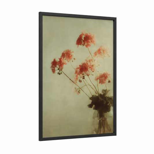 Faded Geranium framed art print — black wood frame — peach and cream palette