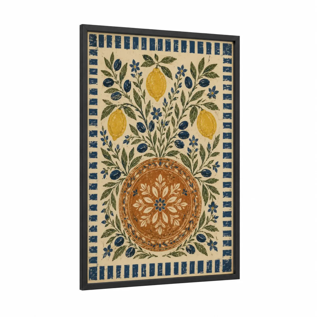 Mediterranean Olive And Lemon Grove Wall Art framed olive tree print — black wood frame — blue and yellow palette