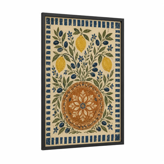 Mediterranean Olive And Lemon Grove Wall Art framed olive tree print — black wood frame — blue and yellow palette