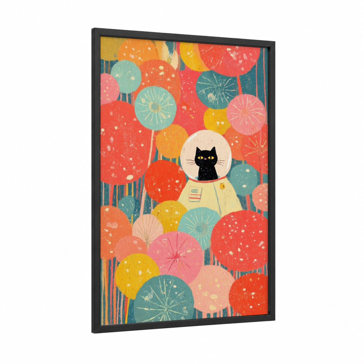 Cosmic Cat Explorer framed space print — black wood frame — red and teal palette