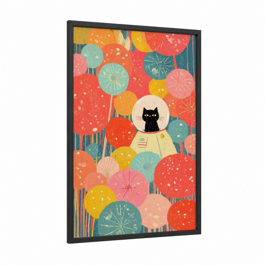 Cosmic Cat Explorer framed space print — black wood frame — red and teal palette