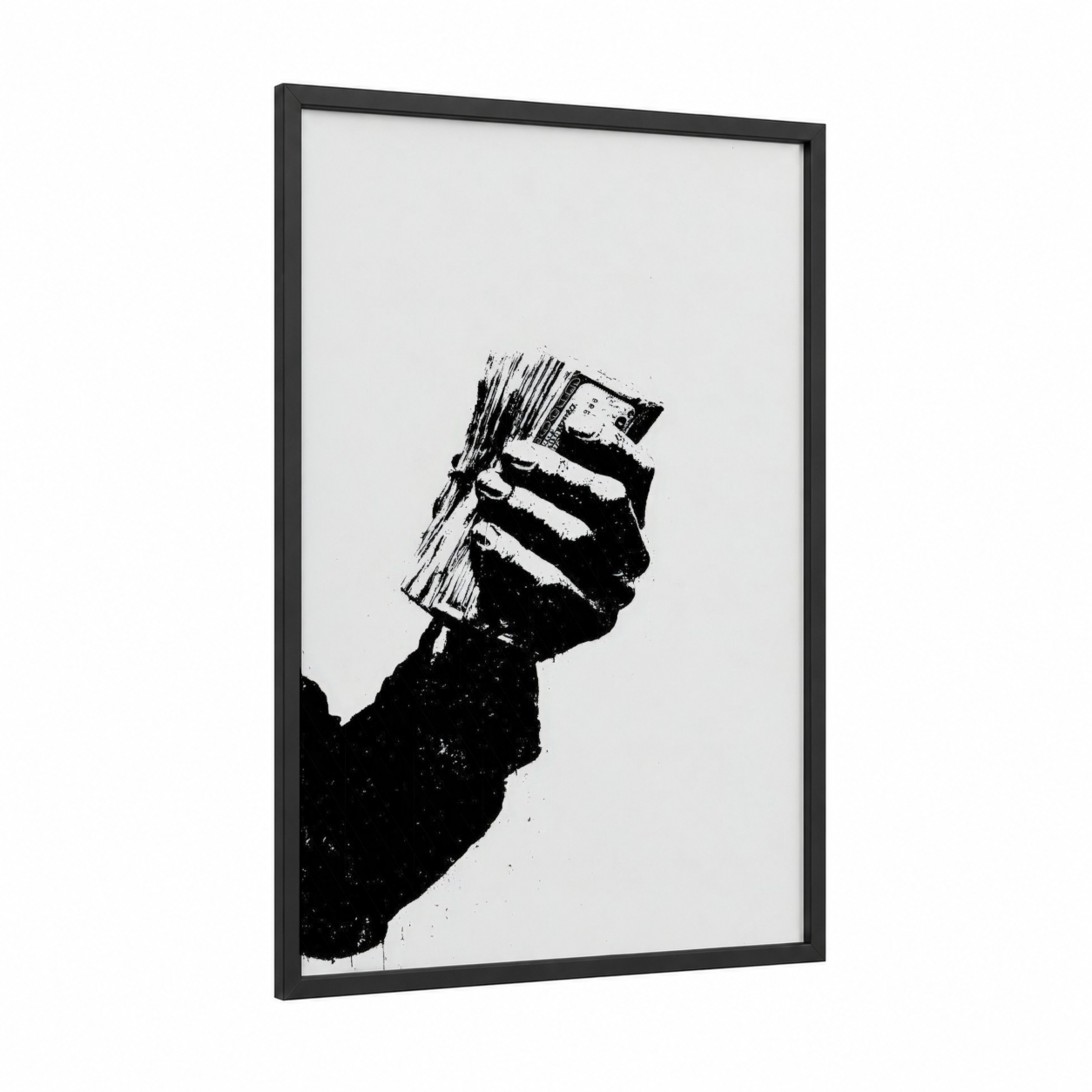 Fist Holding Money framed art print — black wood frame — black and white palette