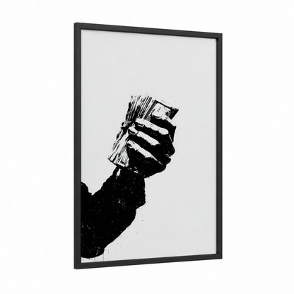 Fist Holding Money framed art print — black wood frame — black and white palette