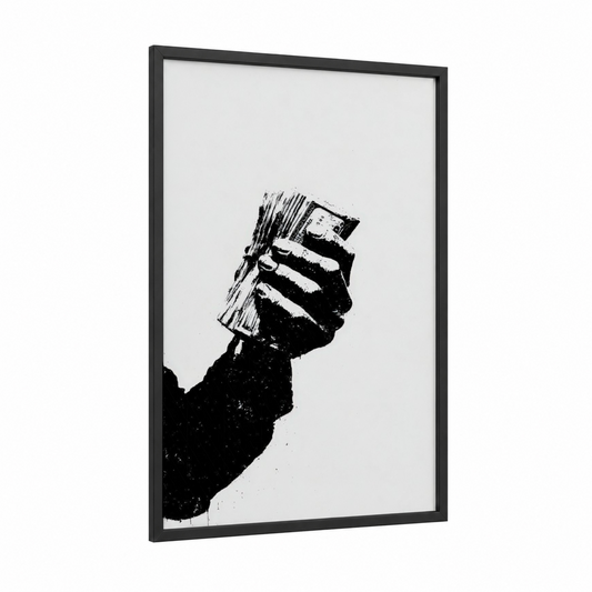 Fist Holding Money framed art print — black wood frame — black and white palette