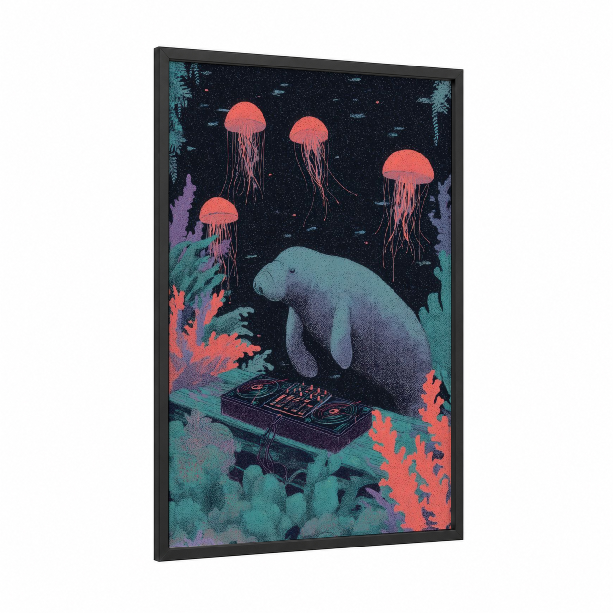 DJ Manatee framed manatees print — black wood frame — teal and salmon pink palette