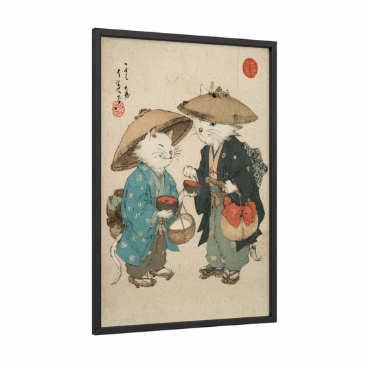 Cats with Umbrellas framed art print — black wood frame — cream and blue and gold palette