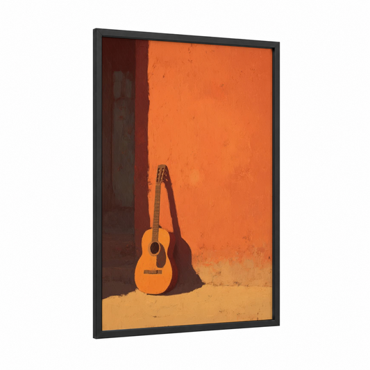 Sunlit Acoustic Guitar framed art print — black wood frame — orange and gold palette