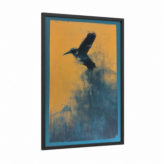 Golden Hummingbird framed art print — black wood frame — gold and blue and gray palette