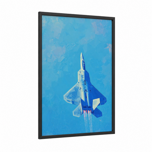 Azure Fighter Jet framed military plane print — black wood frame — blue and white palette