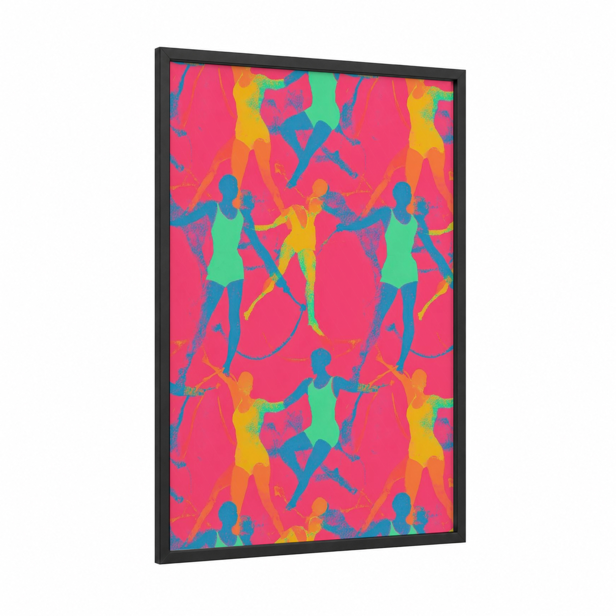Vibrant Gymnastics framed art print — black wood frame — magenta and teal palette