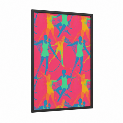 Vibrant Gymnastics framed art print — black wood frame — magenta and teal palette