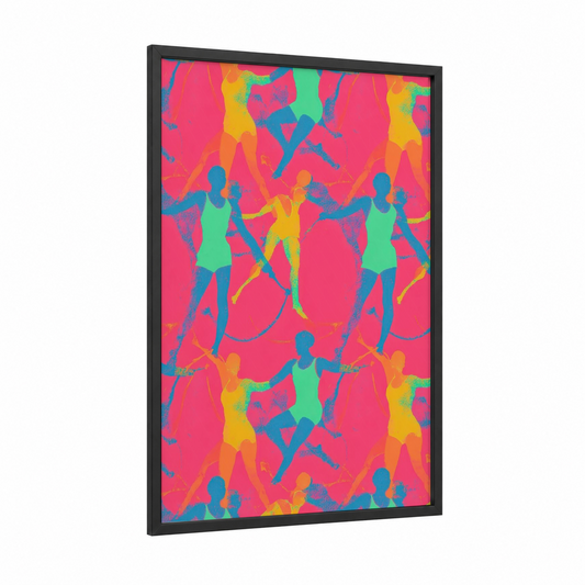 Vibrant Gymnastics framed art print — black wood frame — magenta and teal palette