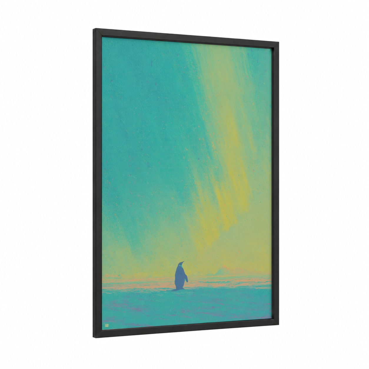 Solitary Penguin framed art print — black wood frame — turquoise and yellow palette