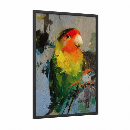 Vibrant Parrot Portrait framed safari parrots print — black wood frame — red and yellow gold palette