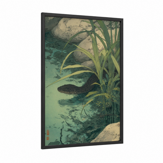 Riverside Eel framed eels print — black wood frame — teal and sage green palette