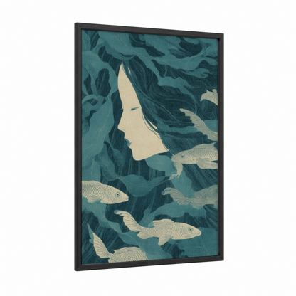 Underwater Siren framed art print — black wood frame — teal and cream palette