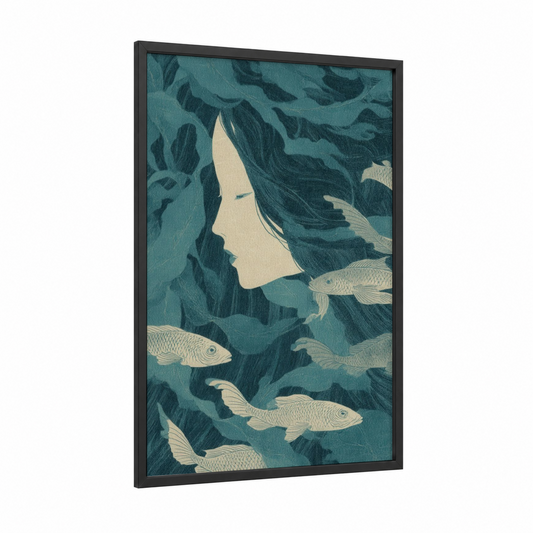 Underwater Siren framed art print — black wood frame — teal and cream palette