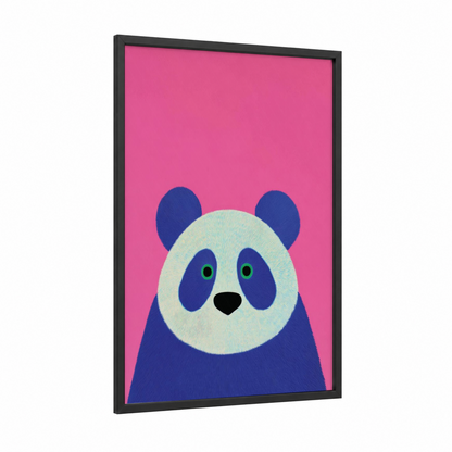 Pop Art Panda framed art print — black wood frame — magenta and blue palette