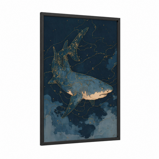 Golden Lemon Shark framed art print — black wood frame — dark blue and gold and white palette