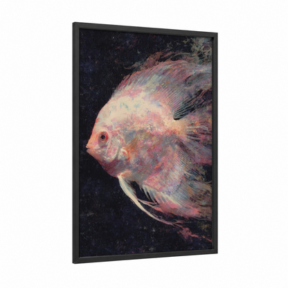 Coral Discus Fish framed art print — black wood frame — salmon pink and dark blue palette