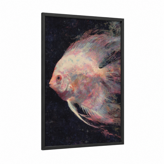 Coral Discus Fish framed art print — black wood frame — salmon pink and dark blue palette
