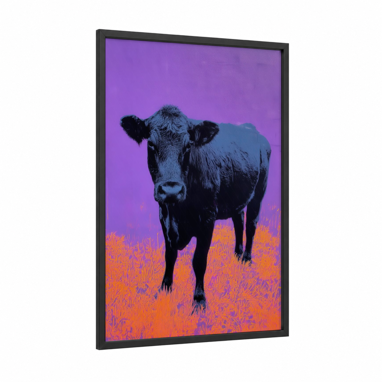 Neon Angus framed angus cow print — black wood frame — purple and magenta palette