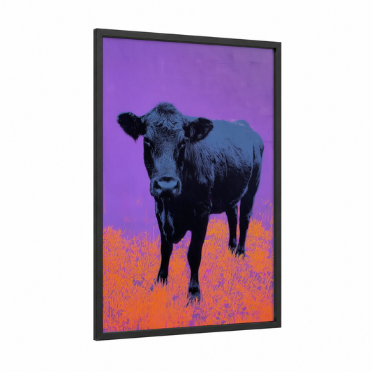 Neon Angus framed angus cow print — black wood frame — purple and magenta palette