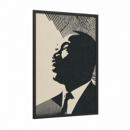 Visionary Leader Portrait framed martin luther king jr day print — black wood frame — black and white palette