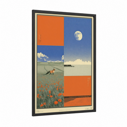 Moonlit Meadow framed japanese y2k print — black wood frame — orange and blue palette