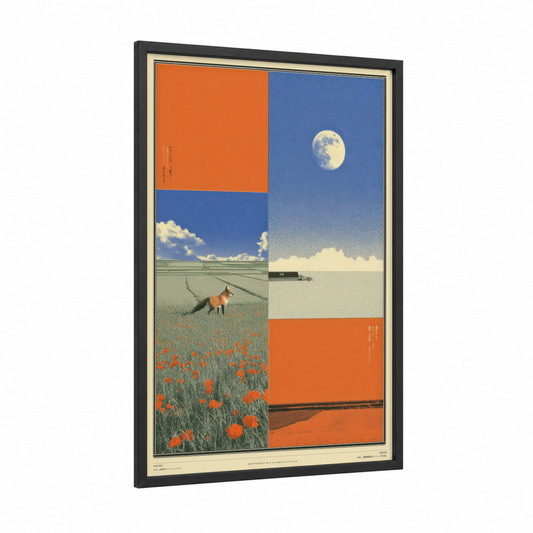 Moonlit Meadow framed japanese y2k print — black wood frame — orange and blue palette