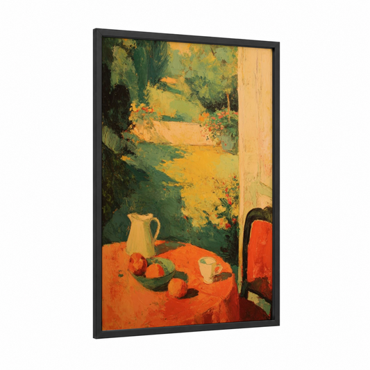 Garden Breakfast framed art print — black wood frame — orange and green palette