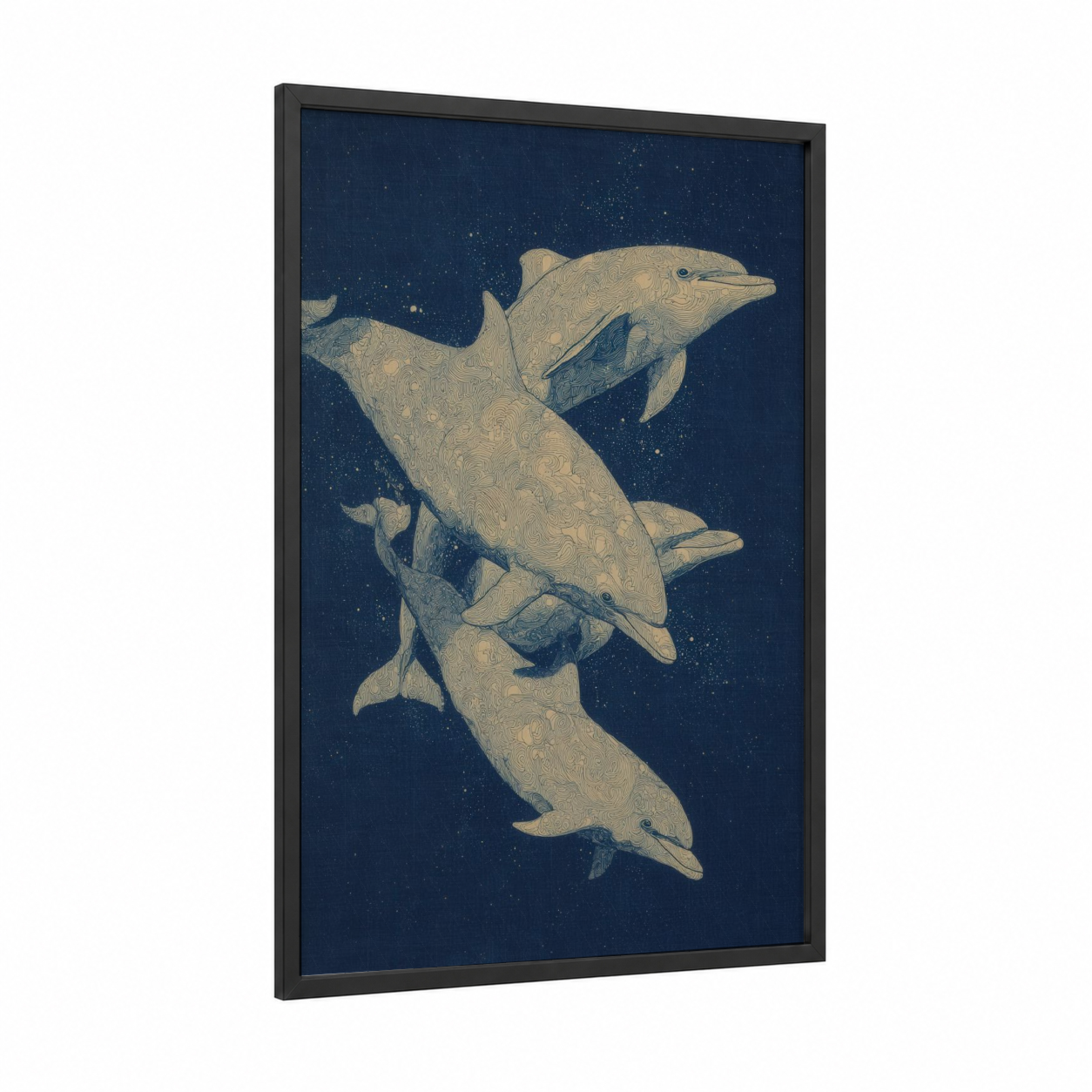 Starlit Dolphins framed art print — black wood frame — dark blue and gold palette