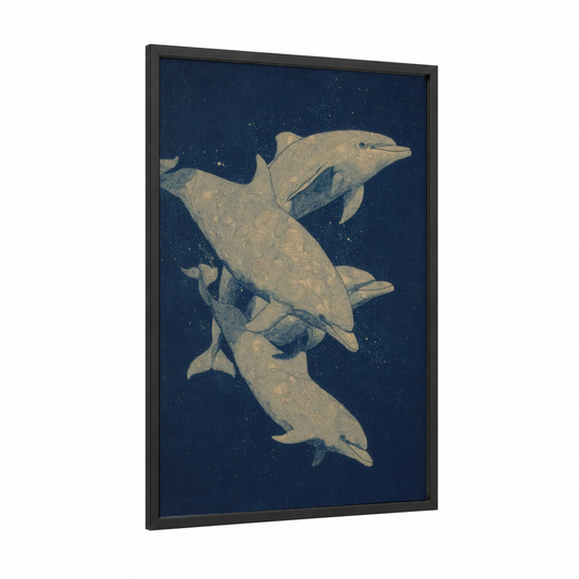 Starlit Dolphins framed art print — black wood frame — dark blue and gold palette