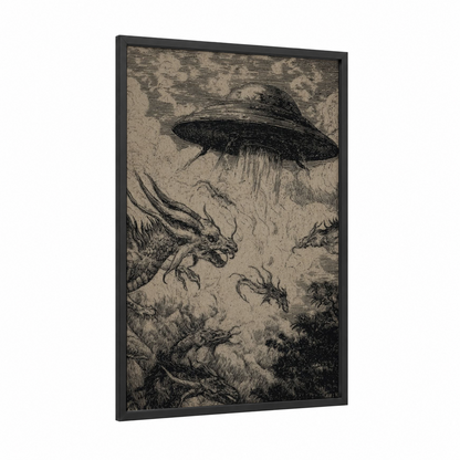 Alien Encounter framed ufo print — black wood frame — black and white and gray palette