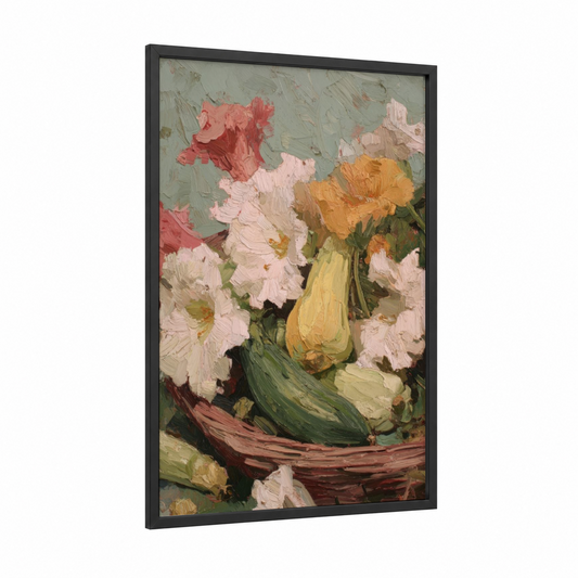 Garden Harvest Abundance framed vegetable print — black wood frame — peach and sage green palette