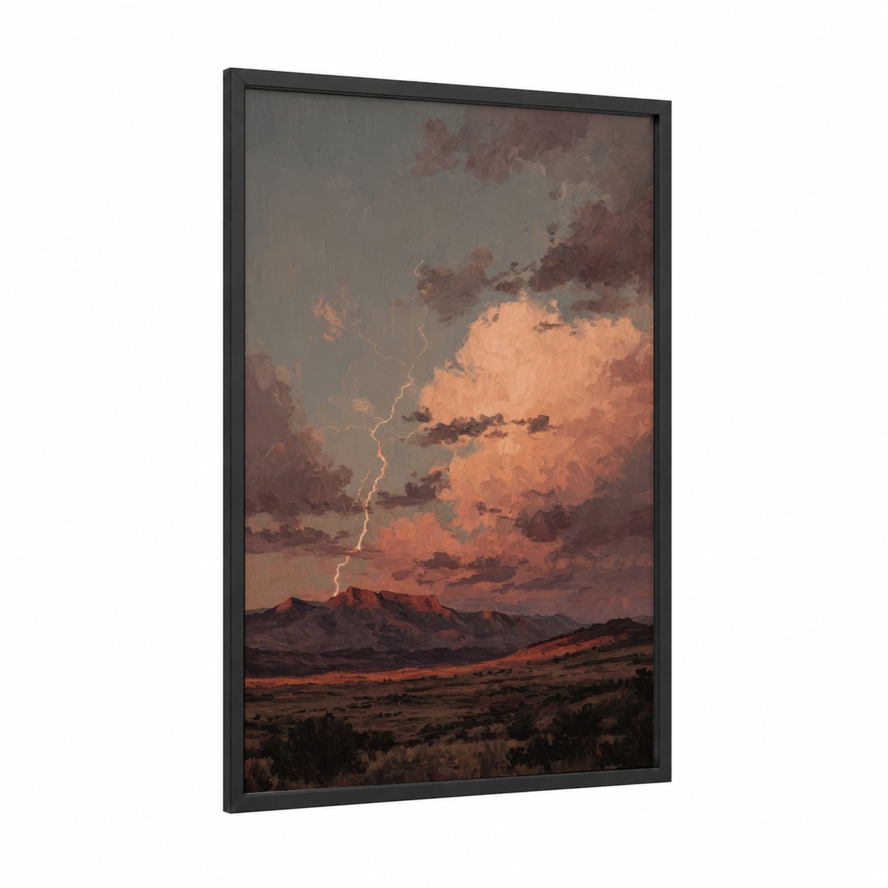 Desert Storm Lightning framed art print — black wood frame — orange and gray palette
