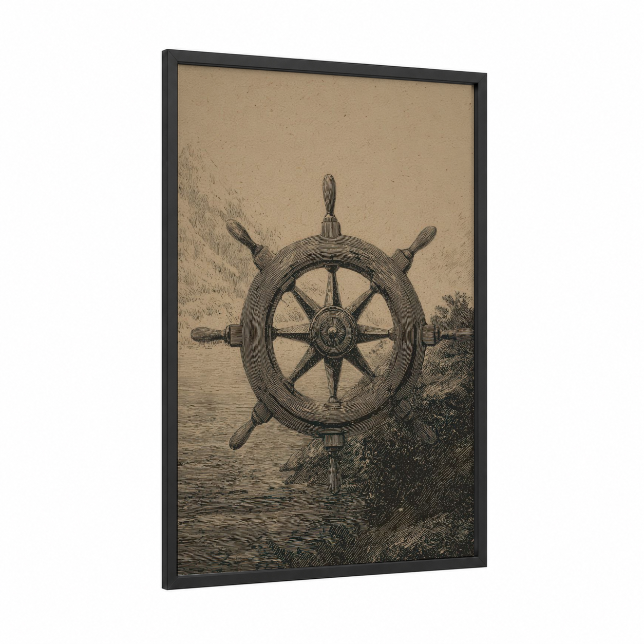Vintage Shipwheel framed art print — black wood frame — black and white and beige palette