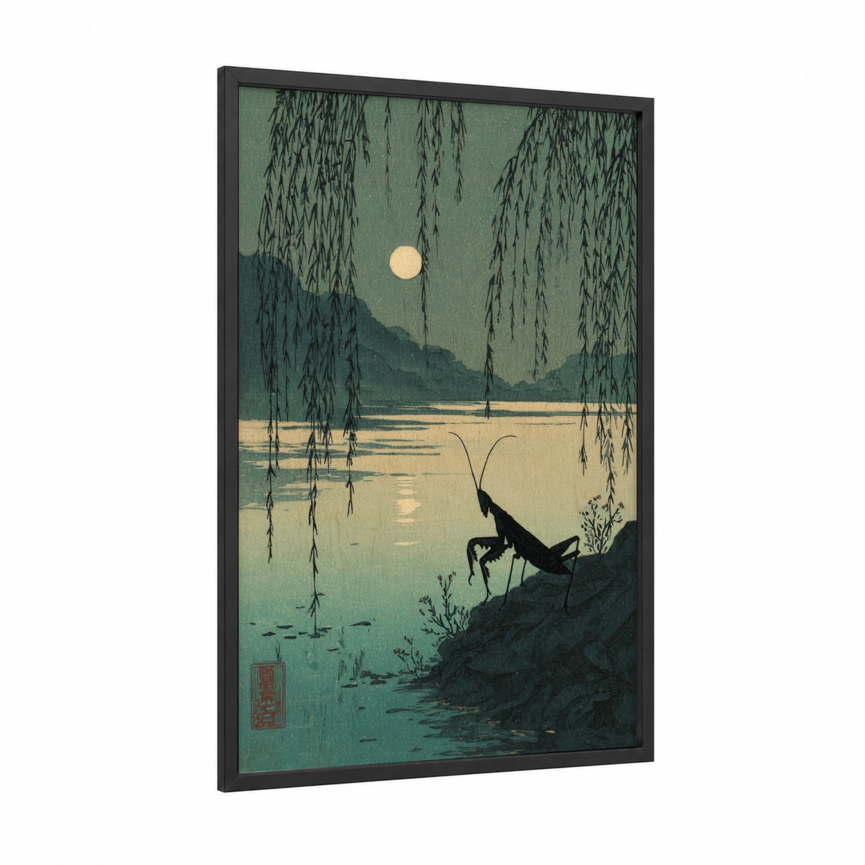 Moonlit Mantis framed prayin mantis print — black wood frame — sage green and cream palette