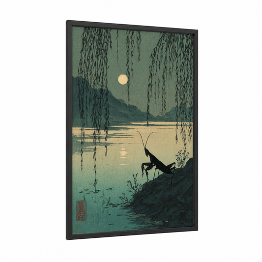 Moonlit Mantis framed prayin mantis print — black wood frame — sage green and cream palette