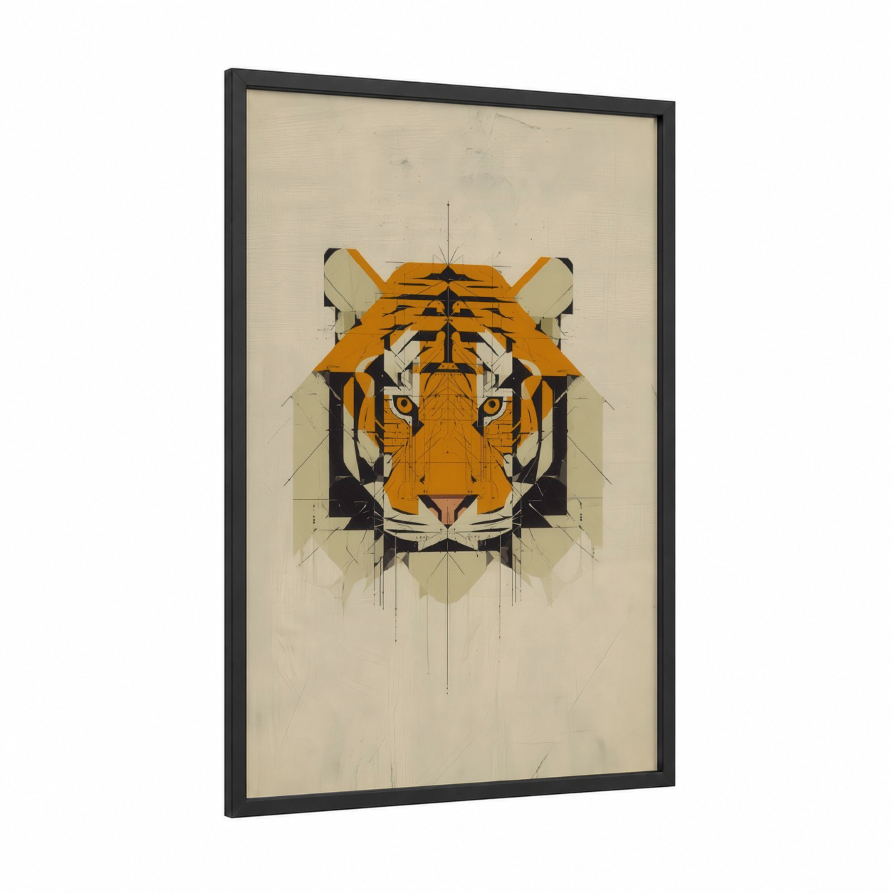Geometric Tiger framed art print — black wood frame — orange and black and white palette