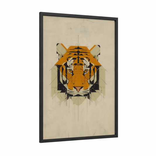 Geometric Tiger framed art print — black wood frame — orange and black and white palette