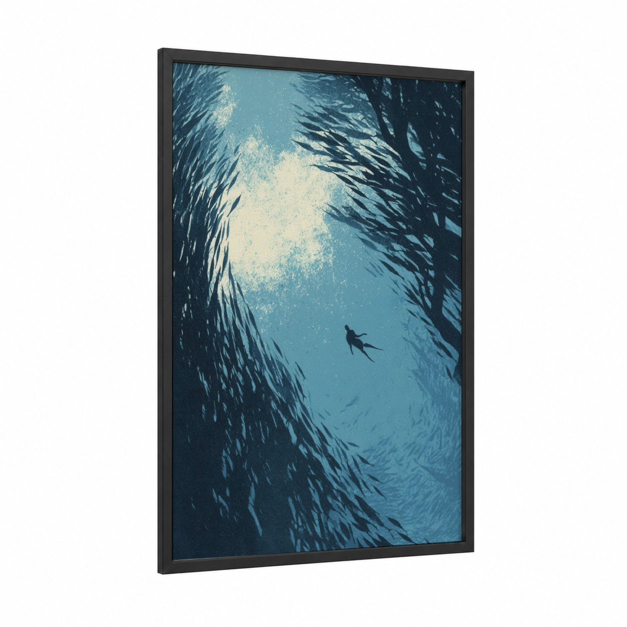 Underwater Explorer framed snorkeling print — black wood frame — blue and teal palette