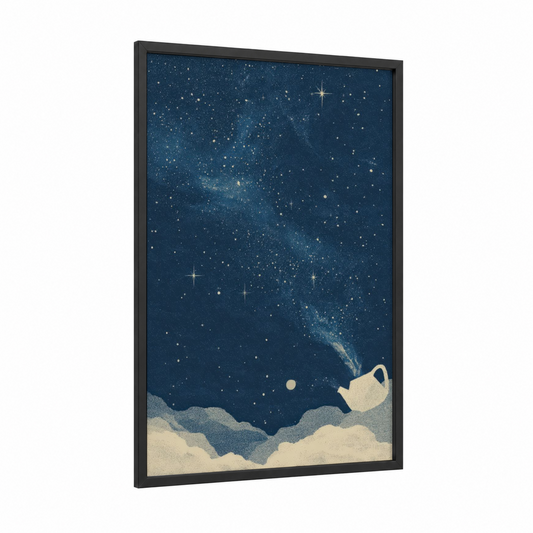 Celestial Teapot framed nebula print — black wood frame — dark blue and cream palette