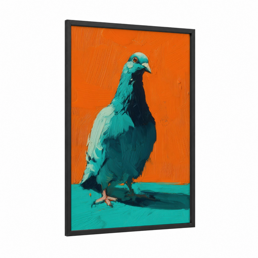Turquoise Pigeon Portrait framed art print — black wood frame — teal and orange palette
