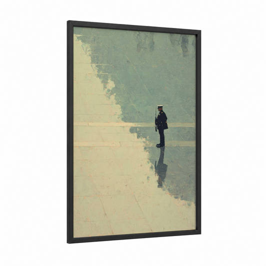 Solitary Sentinel framed veterans day print — black wood frame — sage green and cream palette