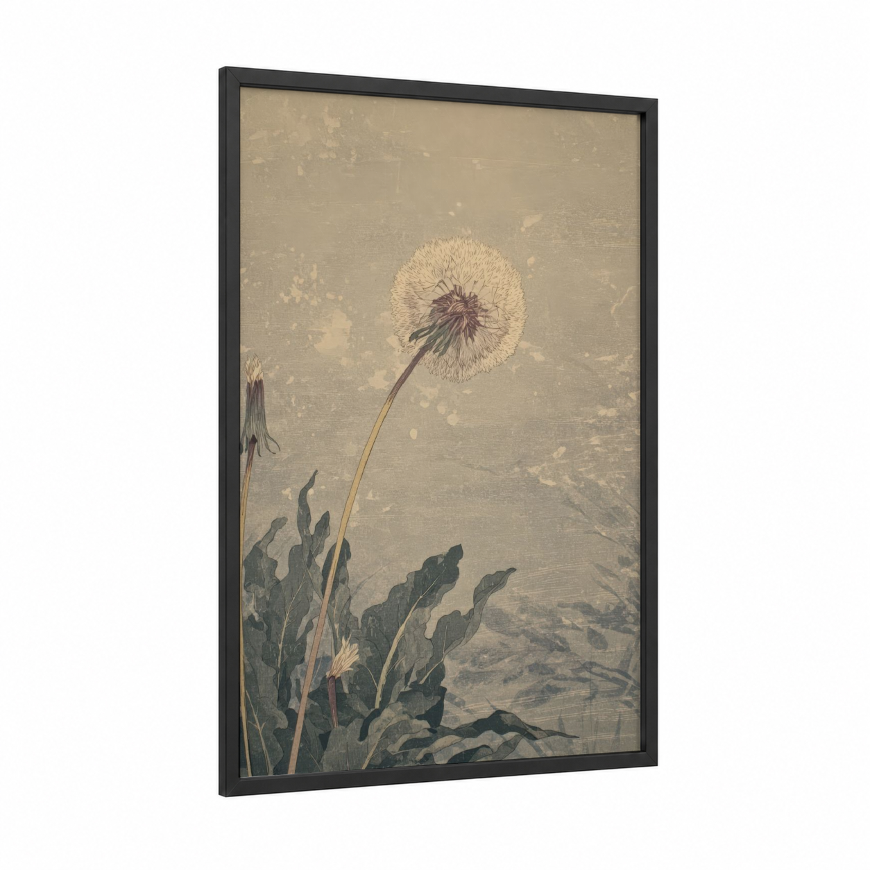 Ethereal Dandelion framed art print — black wood frame — beige and dark green palette
